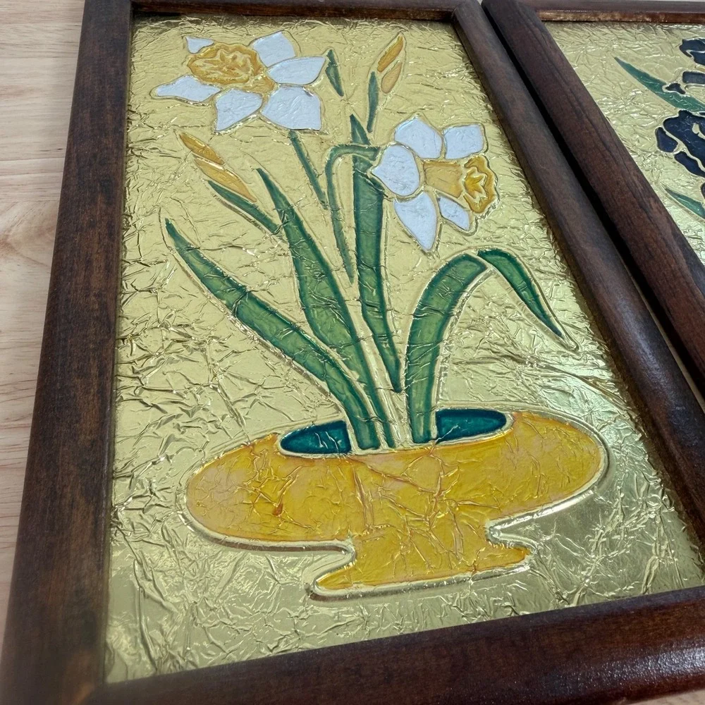 VTG Handmade Floral Gold Tone Framed Hanging Wall Art Foil Picture - Lot of 2